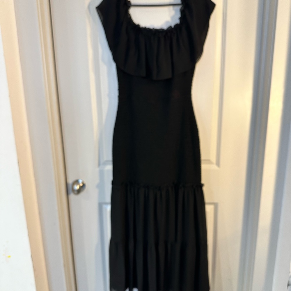 Baltic Born Black Smocked Bodice Flutter Hem Off The Shoulder Mermaid Dress, XL